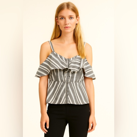 Thread Story  Black and White Striped Cold Shoulder Ruffled Top - Picture 1 of 9